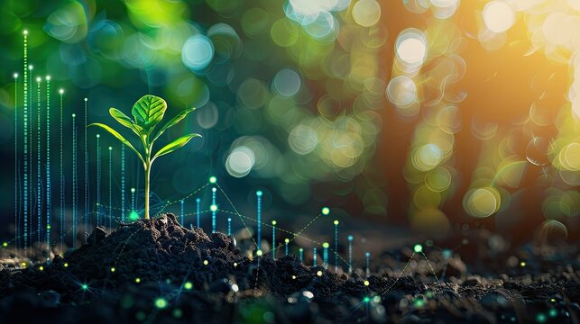 Young plant in soil with a digital graph showing positive financial trends