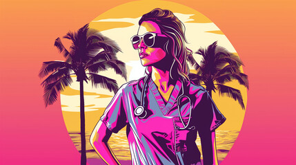 Nurse with Sunglasses and Stethoscope in Tropical Sunset