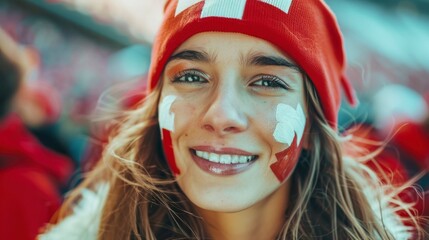 beautiful woman in a stadium with her face painted with the flag of switzerland