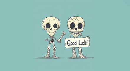 Cartoon Skeletons with "Good Luck!" Sign