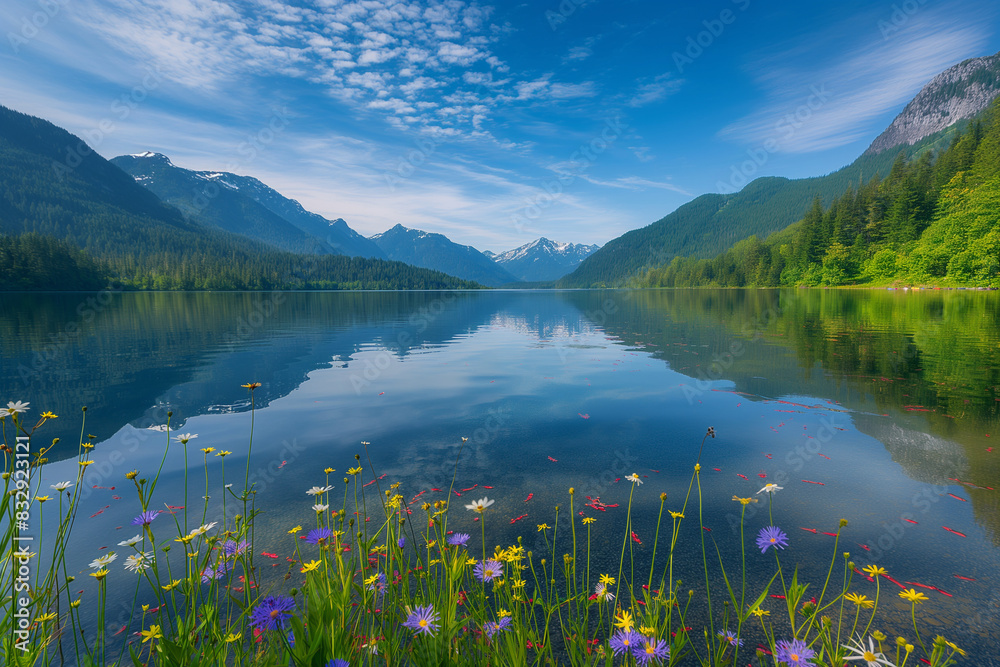 Wall mural lakeside scene, with crystal-clear waters reflecting the surrounding mountains, trees, and sky. - Wall murals