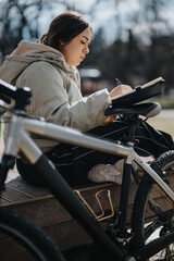 A thoughtful young woman sits with a notebook on a bench, her bicycle beside her, in a serene park setting.