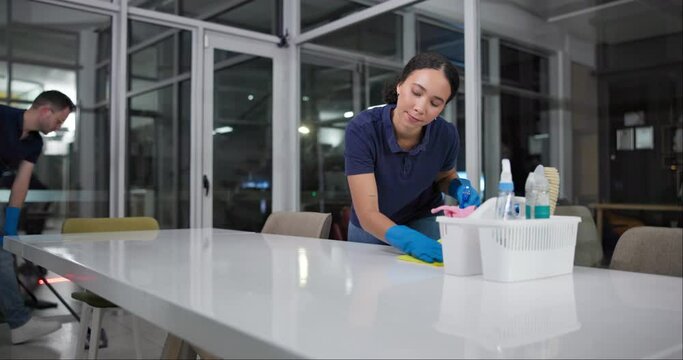 Professional, cleaning service or team in office space with maintenance process, protection or disinfection. Workspace, hygiene or cleaner people with product for safety, dust or bacteria prevention