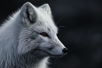 Fototapeta premium Mystic portrait of Arctic Fox in studio, copy space on right side, Anger, Menacing, Headshot, Close-up View Isolated on black background