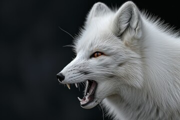 Fototapeta premium Mystic portrait of Arctic Fox in studio, copy space on right side, Anger, Menacing, Headshot, Close-up View Isolated on black background