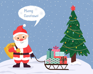 Santa Claus with sleigh and gifts. Winter landscape with a Christmas tree. Postcard template for Christmas and New Year. Vector illustration. 