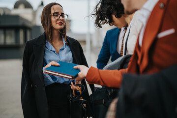 Business professionals gather outside, sharing important documents. A woman in glasses and a stylish outfit leads the discussion.