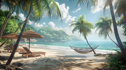 Obraz premium a tropical beach with sunbathing accessories, a summer holiday background: