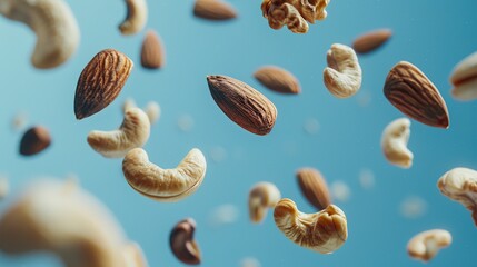 Various nuts, almonds, walnuts, and cashews, suspended in mid-air