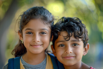 Happy Indian Siblings With Backpacks Ready for Back to School or Hike
