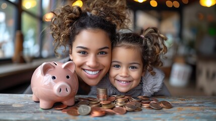 Mãe ensinando educação financeira para filha, economizando dinheiro para o cofrinho de porquinho, guardando moedas