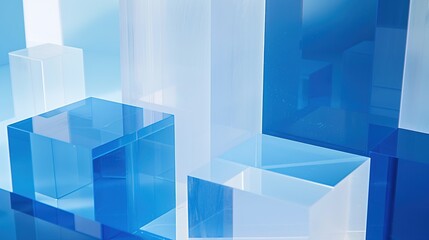 Klein Blue and White Multi-Layered Transparent Frosted Acrylic Box. Abstract Design with Simple Geometric Shapes in High-Resolution Technology and Futuristic Aesthetic.