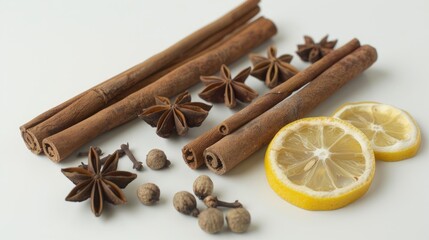 Cinnamon sticks combined with star anise cloves nutmeg and dried lemon slices