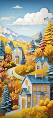 Fototapeta premium illustrations of houses and natural scenes with 3D paper cut textures