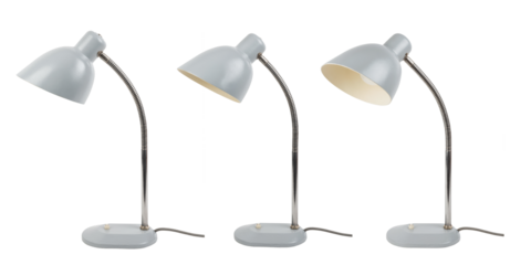 (restored) minimalist vintage light grey desk lamp isolated over a transparent background, office, workspace, reading, or interior design element, flexible lighting, three positions, side view, PNG