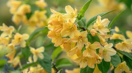 Flowers of traditional Weigela shrub in yellow color