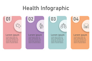 Infographic health care template for treatment and health care information presentation. Vector square with organ icons and examples sentences. Modern workflow diagrams. Report plan 4 topics