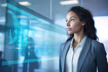 Young woman looking at futuristic data screen