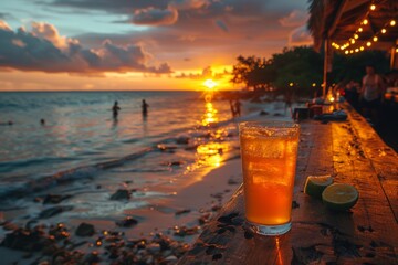 A cold glass of beer or beverage sits on a coastal bar ledge as the sun sets over the ocean, signifying leisure and enjoyment