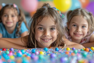 Fototapeta premium Girl with enchanting smile enjoying her time among colorful balls at a party or play area
