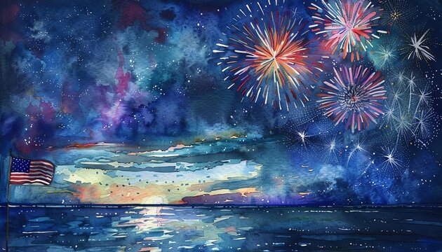 Colorful firework display over a serene ocean with an American flag in the background, celebrating a festive night under the starry sky.