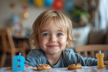 A toddler boy with sparkling blue eyes sits adorably in front of his birthday treats