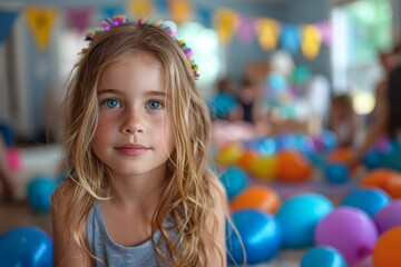 Fototapeta premium Close-up of a young girl with beautiful eyes at a party, surrounded by colorful balloons and a sense of innocence