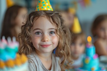 Fototapeta premium A delightful scene of a girl with curly hair and a party hat beside a birthday cake gives off a festive vibe
