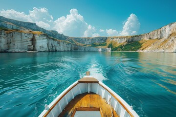 A serene image capturing the bow of a boat heading towards majestic white cliffs under a clear blue...