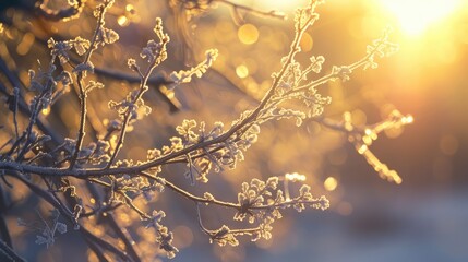 Frost covered tree branches under the sun