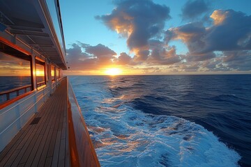 Warm golden hour hues bathe the cruise ship deck during a serene ocean sunset scene
