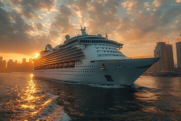 Fototapeta premium Sunset bathes a cruise ship and city skyline in golden light as it sails by