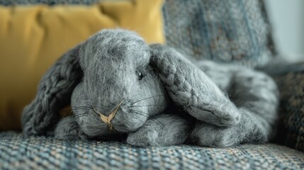 Close up image of a gray handmade bunny resting on the sofa