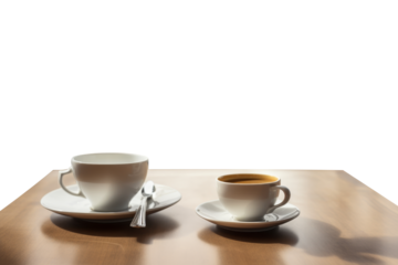 A pair of coffee cups, one full and one empty on the wooden table, isolated on a transparent background, symbolizing the start and end of a coffee break.
