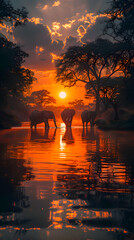 Fototapeta premium A nature water hole scene with a family of elephants drinking, the sun setting in the background