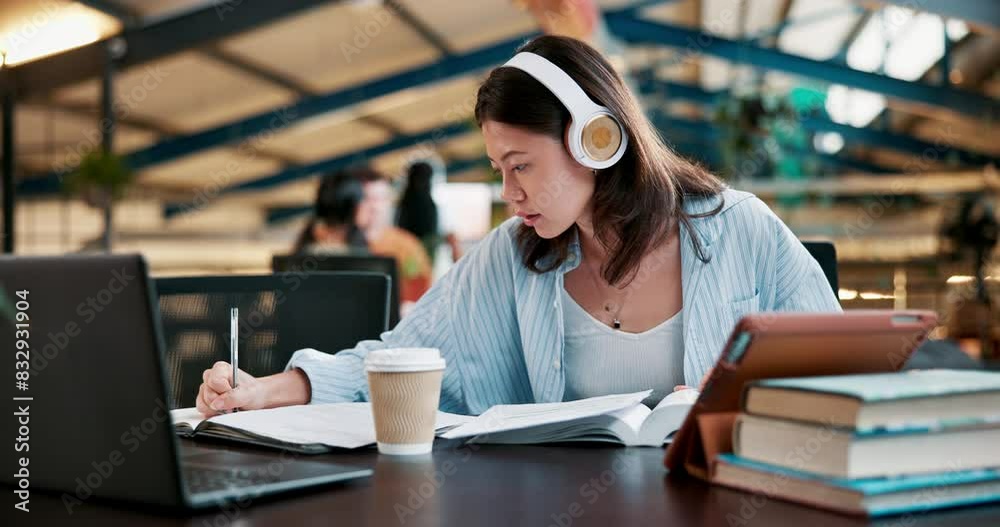 Aufkleber girl, headphones and student writing at college, study and research for assignment or essay. woman, 