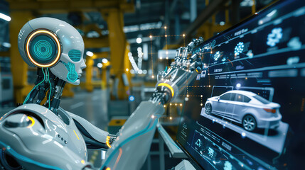 Robot working on automotive design in a factory environment AI generated