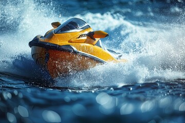 A yellow jet ski in motion creates a dynamic display of splashing water on a sunny day