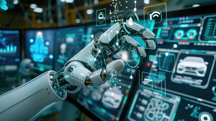 Robot hand interacting with holographic technology in futuristic lab