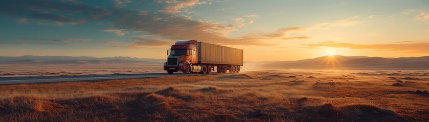 Obraz premium A large truck is driving down a road in a desert. The sky is orange and the sun is setting
