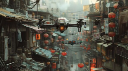 A small tactical drone flying low over a hostile urban environment, scanning rooftops and alleyways