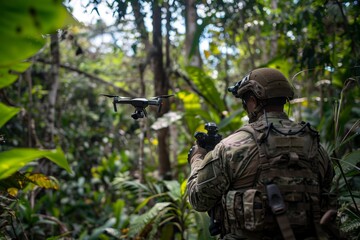 A soldier launching a small tactical drone from a concealed position in a dense forest