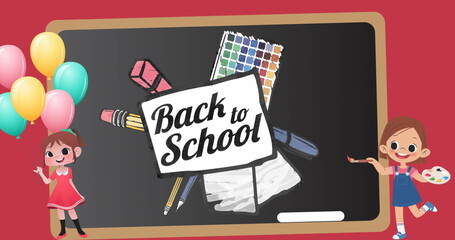 Image of two school girls icon and back to school text banner against chalkboard