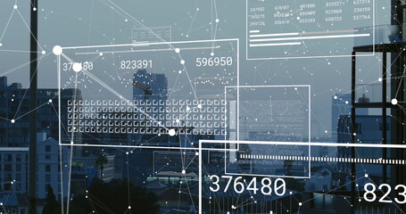 Image of interface with data processing and network of connections against view of cityscape