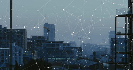 Image of interface with data processing and network of connections against view of cityscape