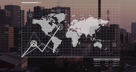 Image of interface with data processing over world map against aerial view of cityscape