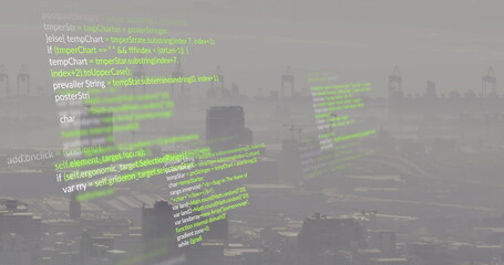 Image of data processing against aerial view of cityscape