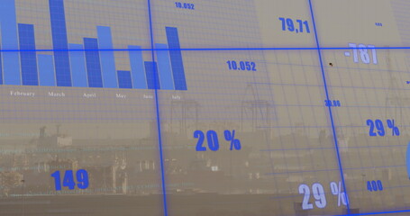 Image of statistical data processing over grid network against aerial view of cityscape