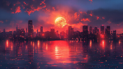 Fototapeta premium Modern city painting with sunset 