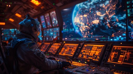 Astronaut Operating Controls in Space Station. Astronaut in a space station operating controls and monitoring systems, depicting high-tech space operations and exploration.